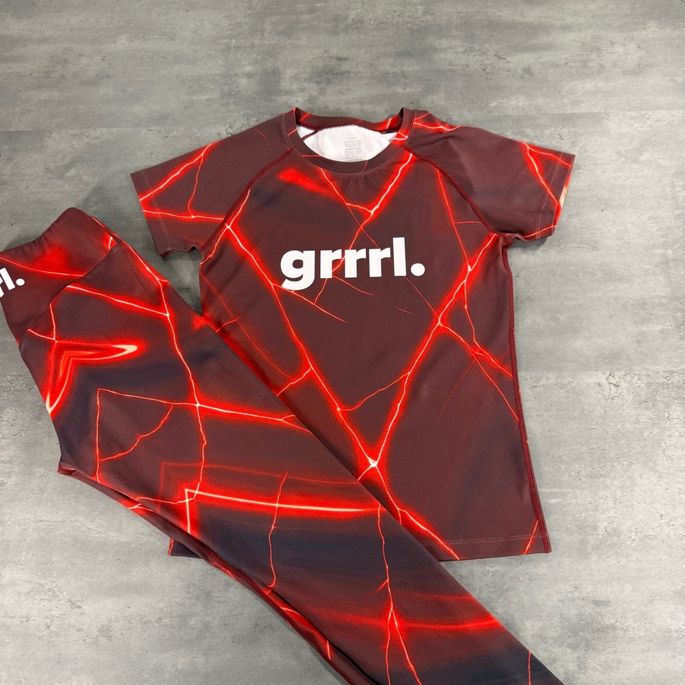 GRRRL Activewear Set Women M Red Black Lightning Yoga Gym Leggings Compression